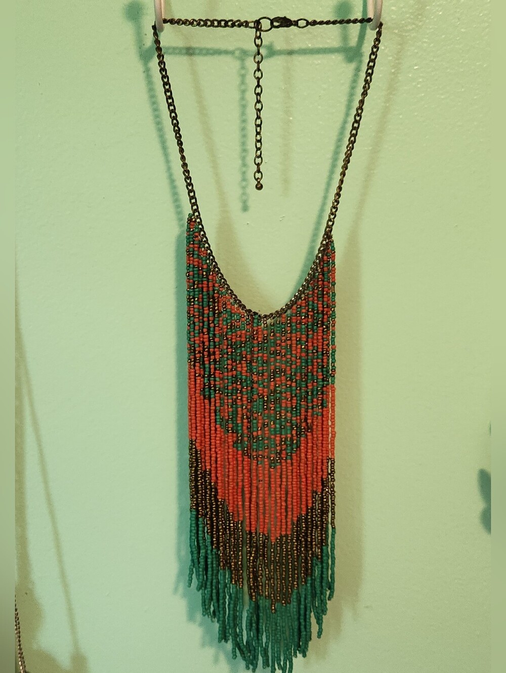 Beaded Fringe Statement Necklace - Coral & Teal